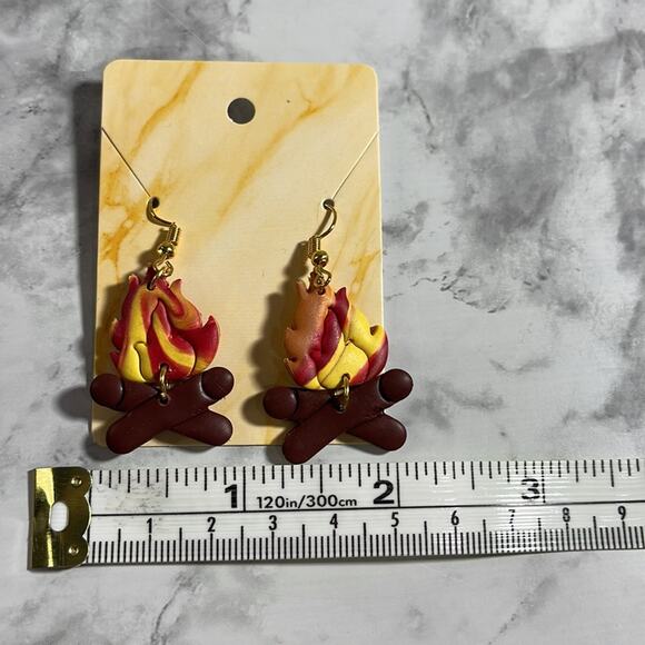 Handcrafted Campfire Dangle Earrings with Gold Toned Fishhook Backs - Picture 3 of 5